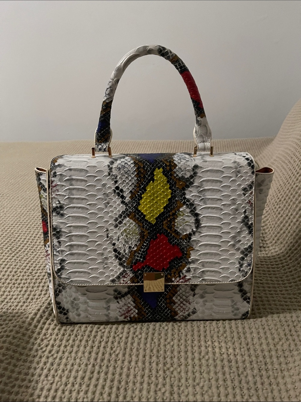 Aldo White Faux-Snake Top-Handle Satchel with Red, Yellow & Blue Accents